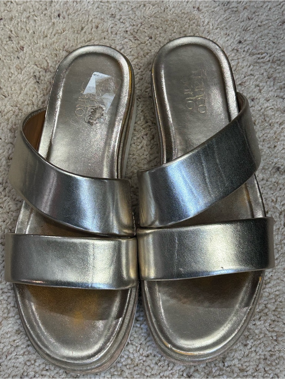 Franco Sarto Titan Metallic Gold Double Strap Slide Jute Platform Sandals Size 9